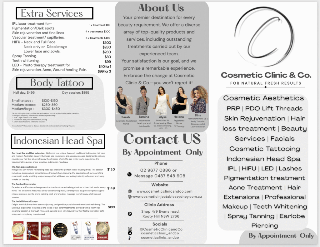 Cosmetic Clinic and Co Rooty Hill Price list